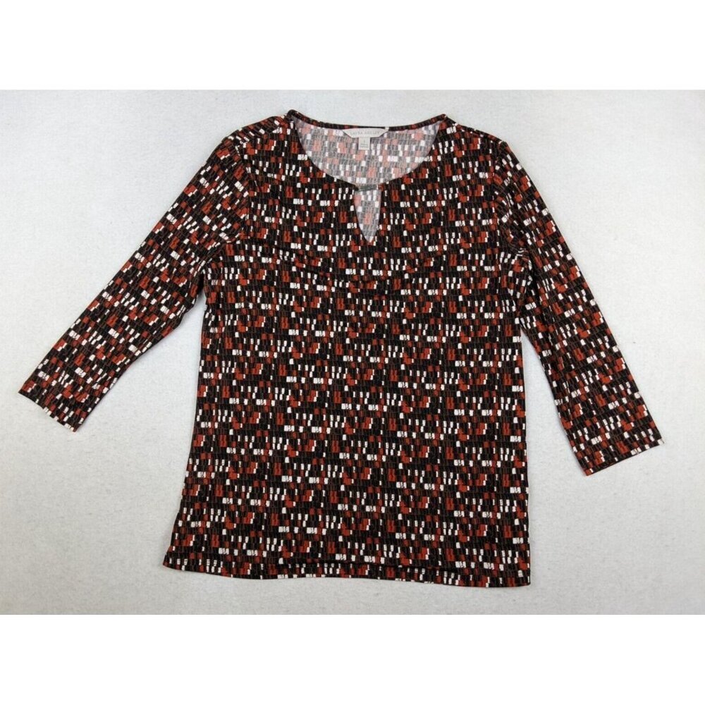 LAURA ASHLEY - WOMEN'S BROWN & ORANGE PRINT 3/4 SLEEVE STRETCH KNIT TOP - SIZE S